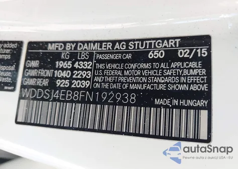 2015 Mercedes-Benz Cla 250 z USA, uszkodzony, nr VIN WDDSJ4EB8FN192938